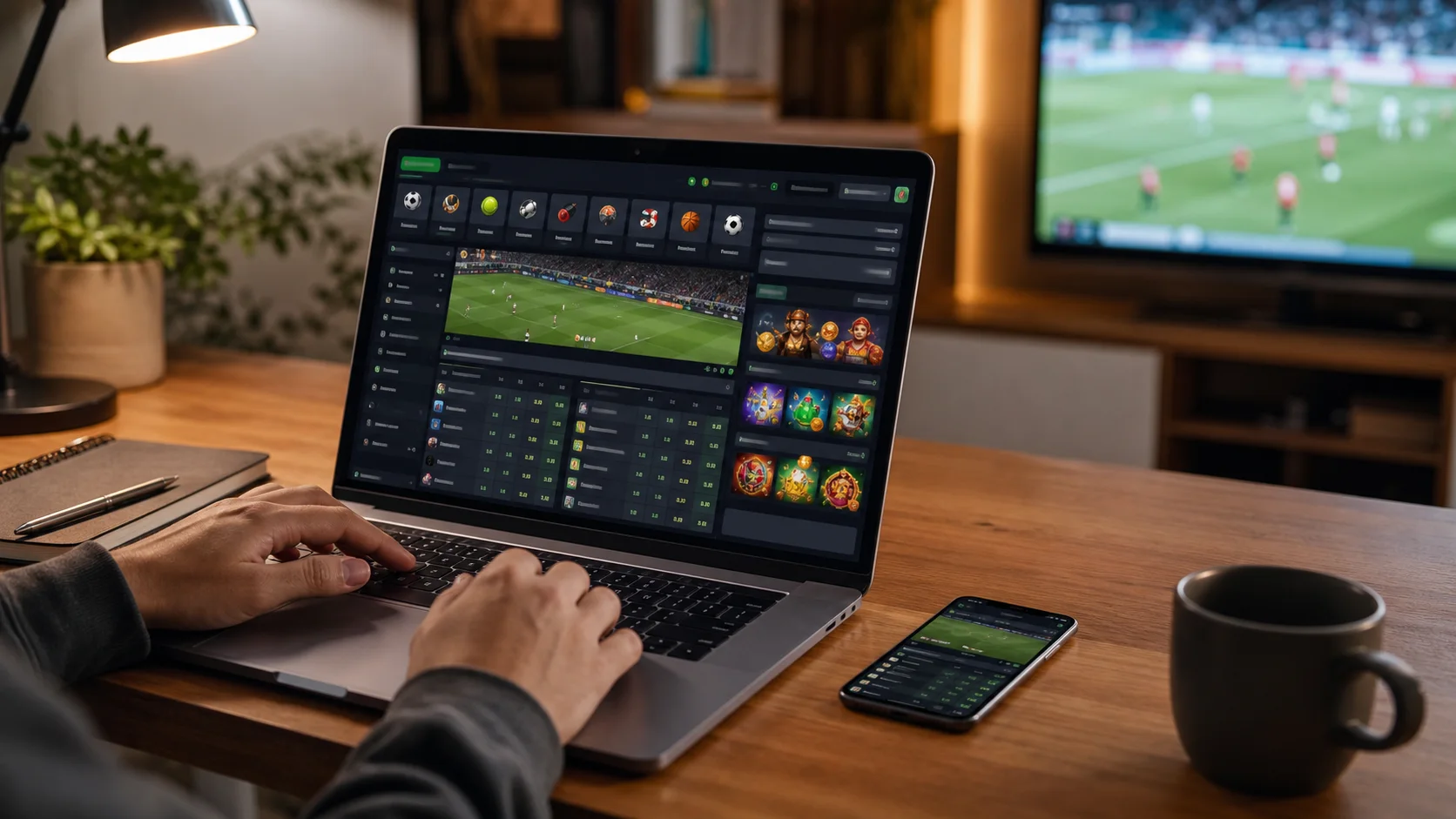 Plataforma greatwin em notebook e celular com apostas esportivas e cassino online